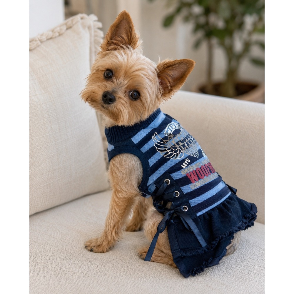 Wooflink Dog Dress Blue Black Striped Good Lace-up‎ Side Detail